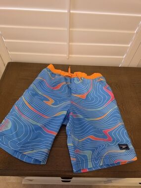 Speedo Blue Swim Shorts with Orange Accents